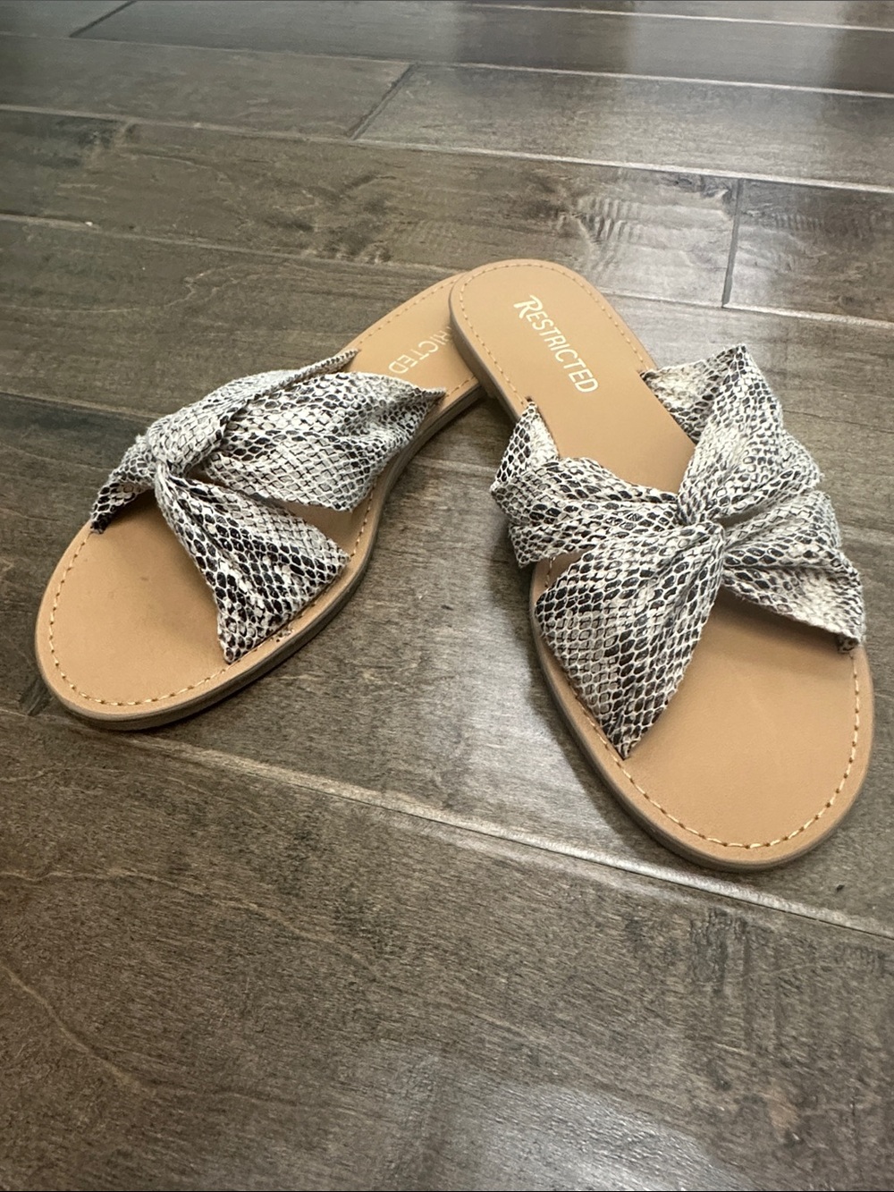 Restricted Women's Snakeskin Knot Slide Sandals in Beige/Black